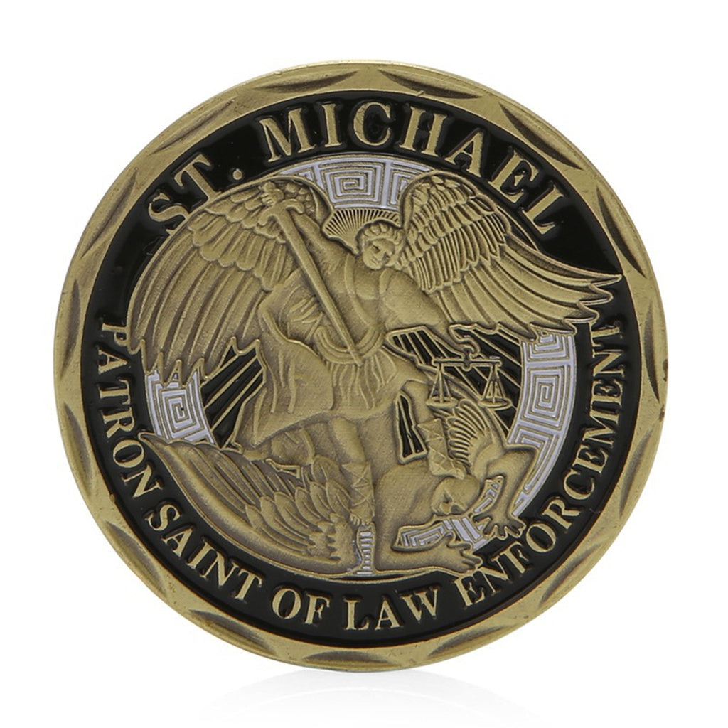 St Michael Police Officer Badge Challenge Coin - Thin Blue Line Wear