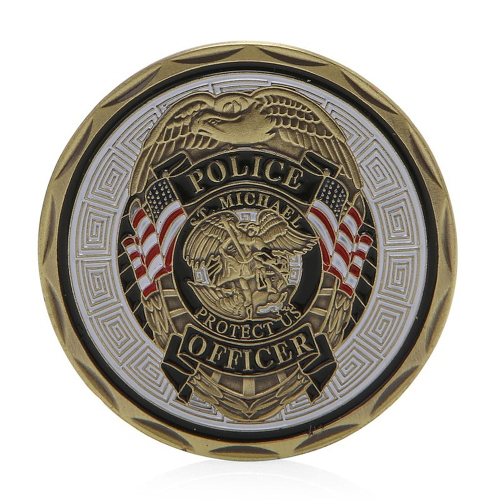 St Michael Police Officer Badge Challenge Coin - Thin Blue Line Wear