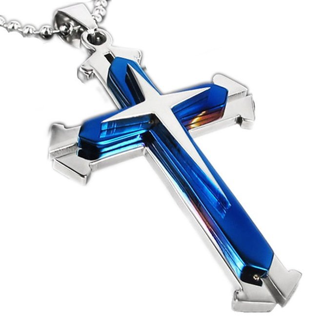 BLUE SILVER STAINLESS STEEL CROSS PENDANT NECKLACE - Thin Blue Line Wear