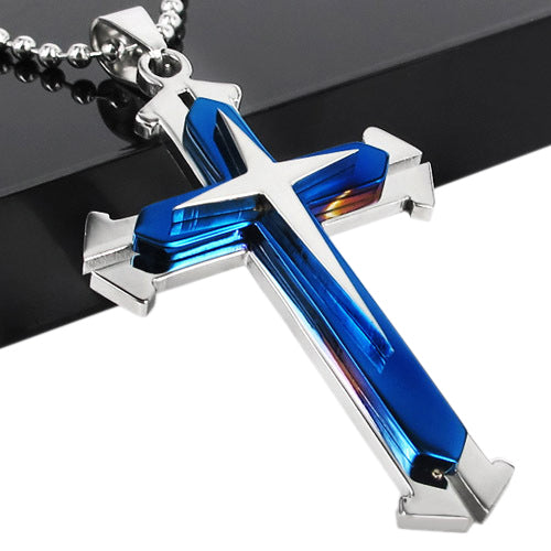 BLUE SILVER STAINLESS STEEL CROSS PENDANT NECKLACE - Thin Blue Line Wear