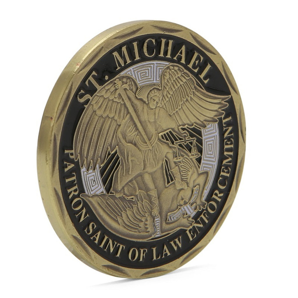 St Michael Police Officer Badge Challenge Coin - Thin Blue Line Wear