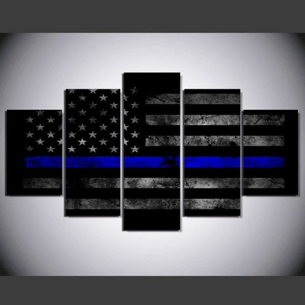 5 Panels Thin Blue Line Flag  Wall Art - Thin Blue Line Wear