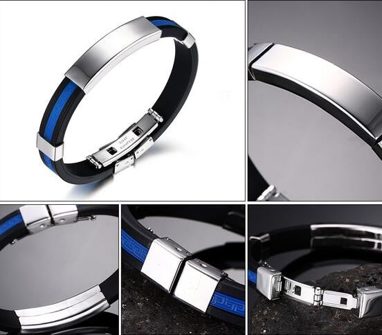 STAINLESS STEEL BLUE SILICON BRACELET - Thin Blue Line Wear