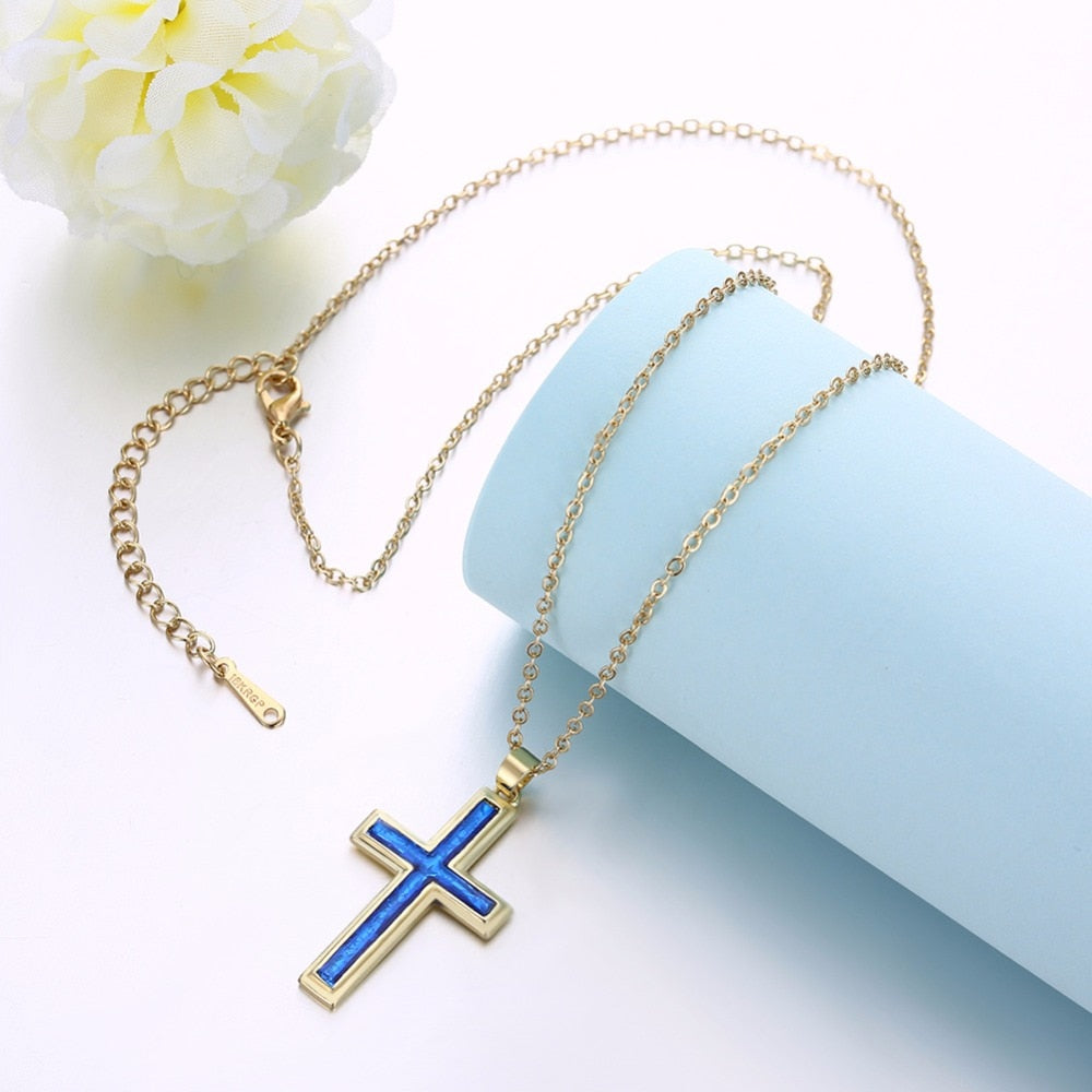 Opal Thin Blue Line Gold Cross Necklace - Thin Blue Line Wear