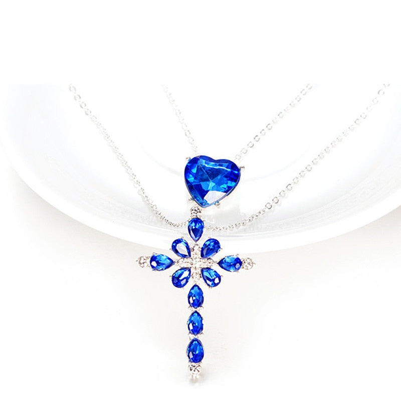 Blue Crystal Heart and Cross Necklace - Thin Blue Line Wear