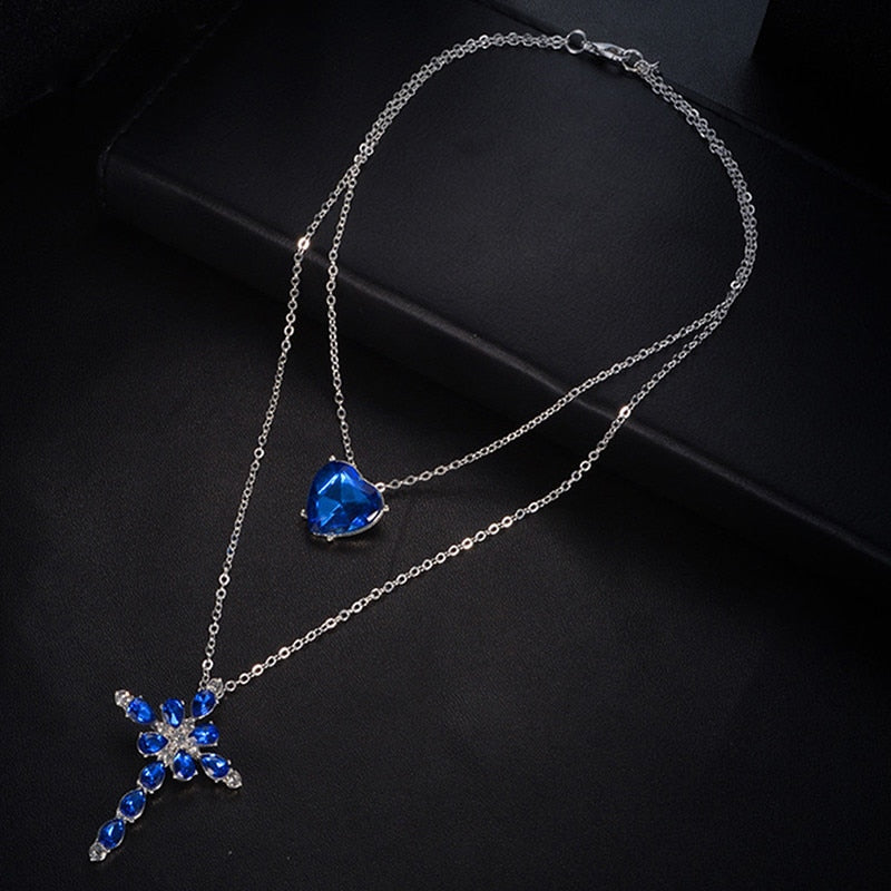 Free Blue Crystal Heart and Cross Necklace - Thin Blue Line Wear