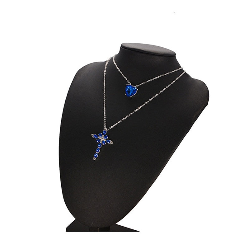 Free Blue Crystal Heart and Cross Necklace - Thin Blue Line Wear