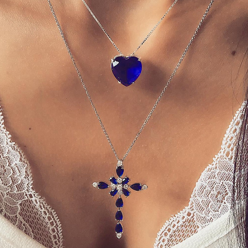 Free Blue Crystal Heart and Cross Necklace - Thin Blue Line Wear