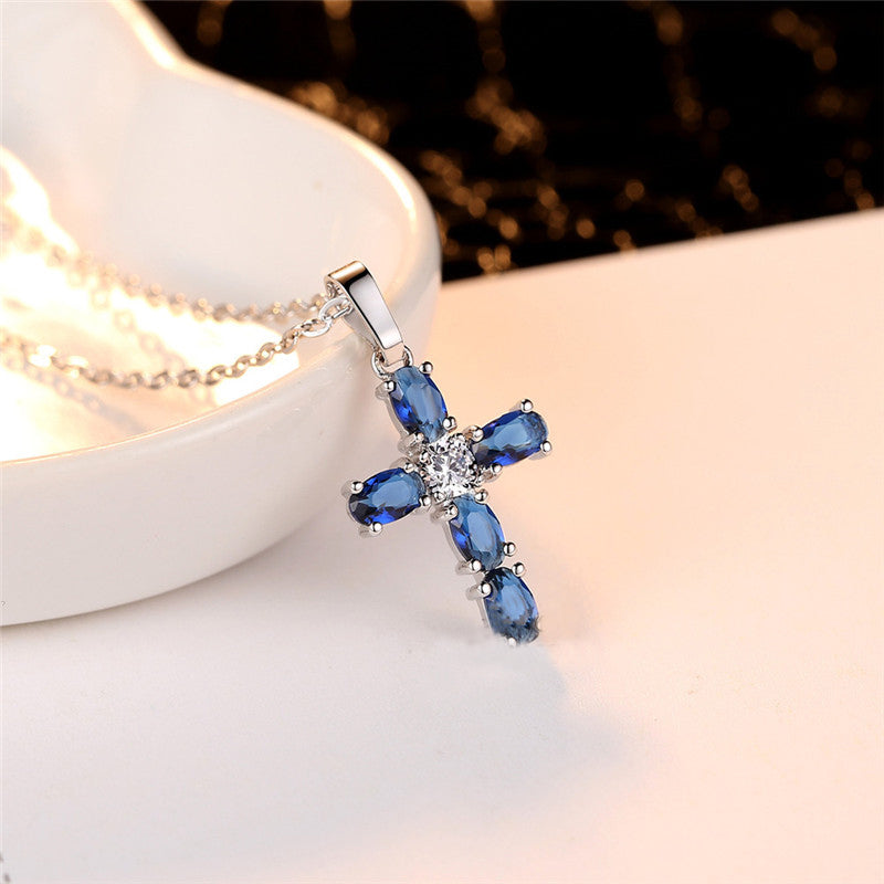 Blue Crystal Cross Necklace - Thin Blue Line Wear