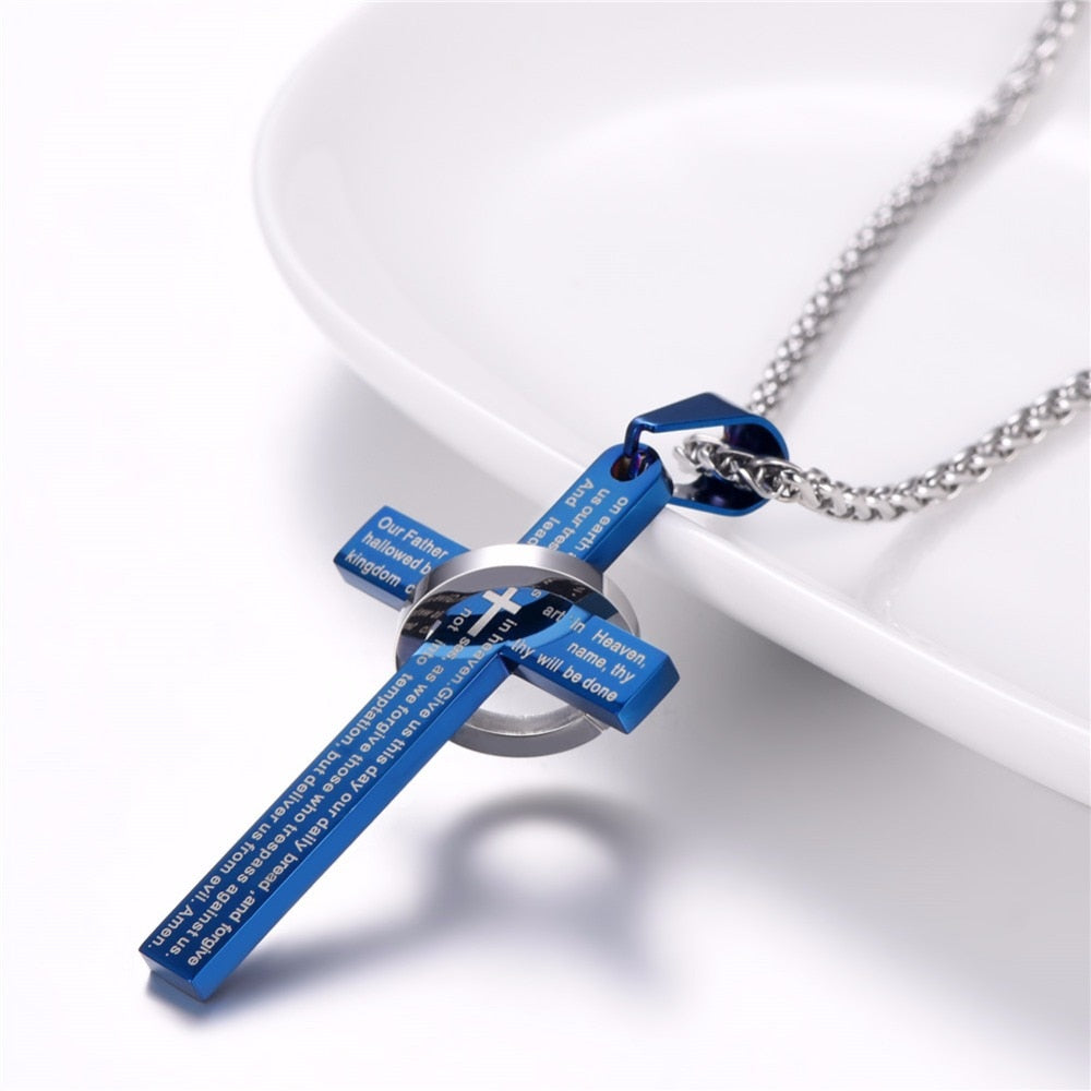 Cross W. Lord and Halo Ring Christian Necklace - Thin Blue Line Wear